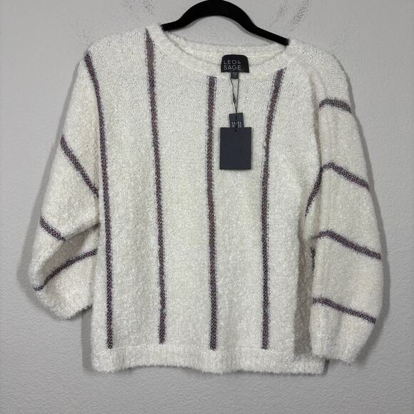 Leo & Sage Small Metallic Iridescent Stripe Sweater Cream Crew Neck Long Sleeves - Picture 2 of 7